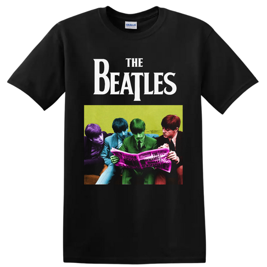 The Beatles colorized group photo reading a newspaper in retro pop-art style on a Black T Shirt