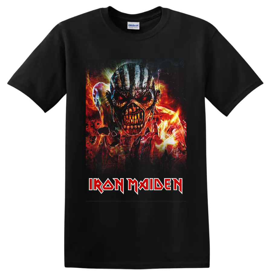 Fiery Eddie the Head heavy metal illustration with Iron Maiden logo on a Black T Shirt