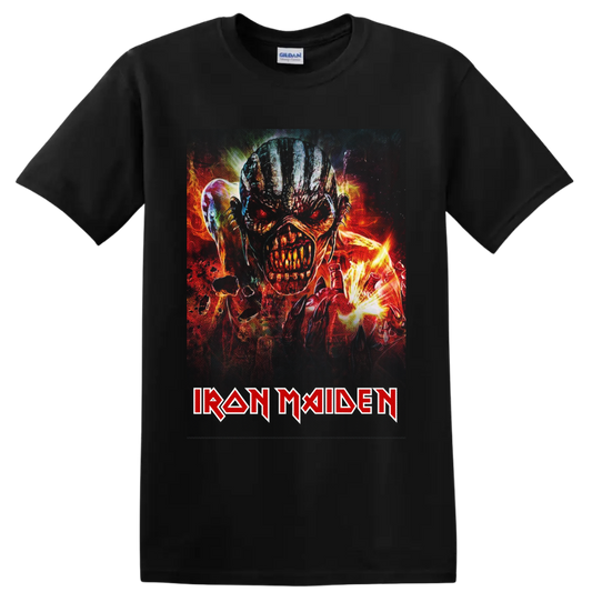 Fiery Eddie the Head heavy metal illustration with Iron Maiden logo on a Black T Shirt