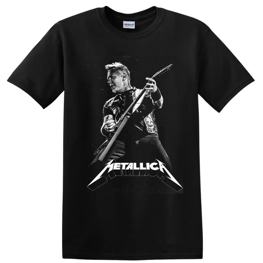 James Hetfield playing guitar in gritty monochrome with Metallica logo on a Black T Shirt