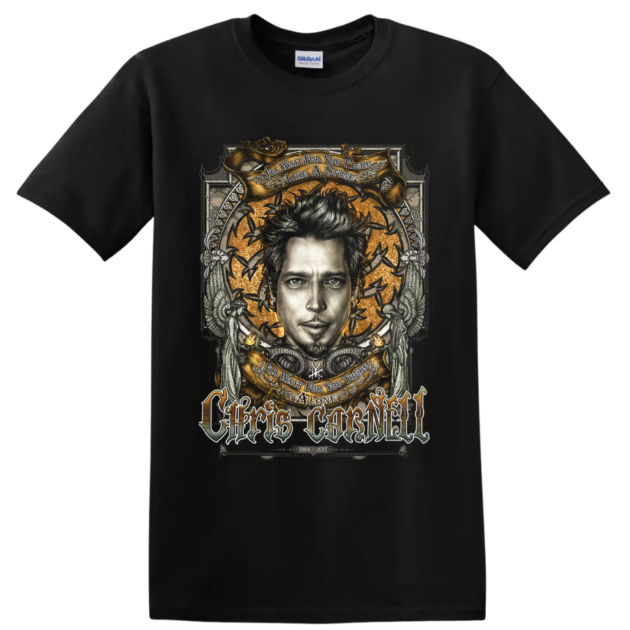 Chris Cornell gothic memorial portrait with gold banners, birds, wings, and tribute on a Black T Shirt