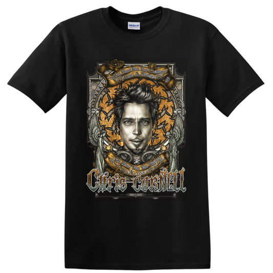Chris Cornell gothic memorial portrait with gold banners, birds, wings, and tribute on a Black T Shirt