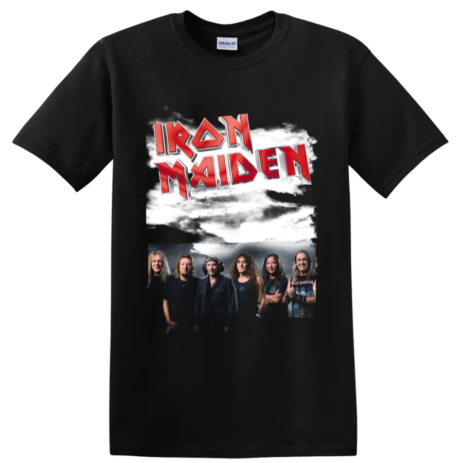 Iron Maiden red metallic logo above a smoky band group photo on a Black T Shirt