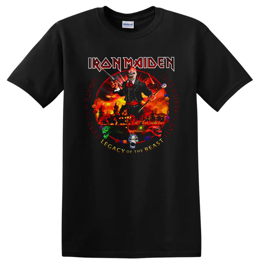Iron Maiden Eddie in fiery Legacy of the Beast live artwork with skulls and roses on a Black T Shirt