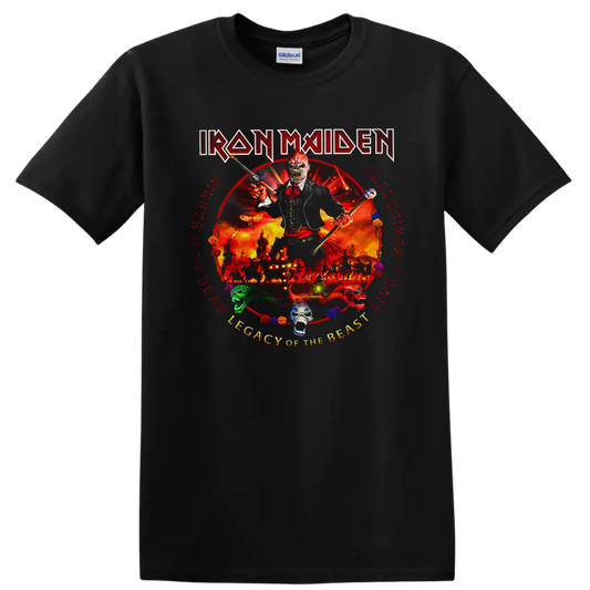 Iron Maiden Eddie in fiery Legacy of the Beast live artwork with skulls and roses on a Black T Shirt