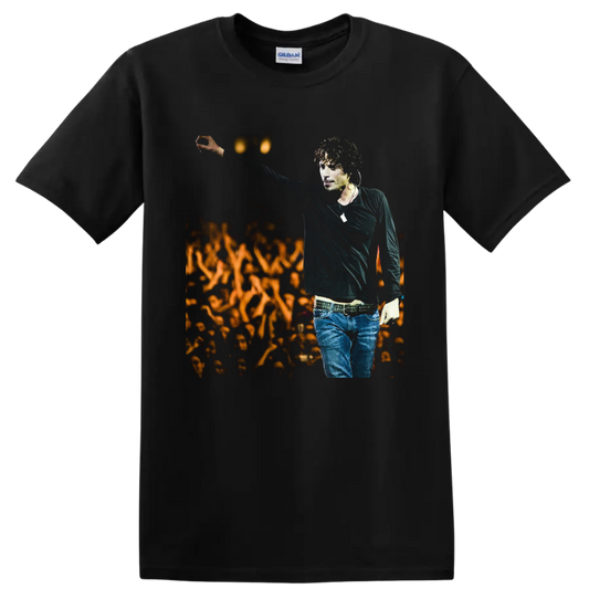 Chris Cornell live concert portrait with raised arm and glowing crowd backdrop on a Black T Shirt