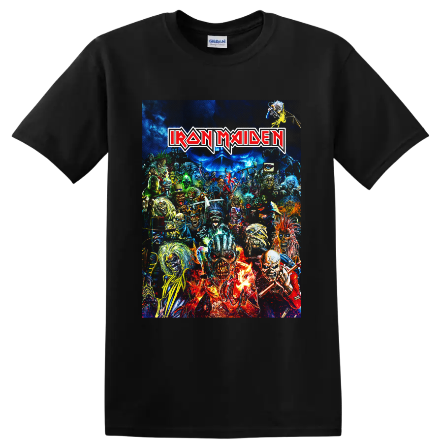 Iron Maiden Eddie the Head heavy metal collage with band logo and vivid horror artwork on a Black T Shirt