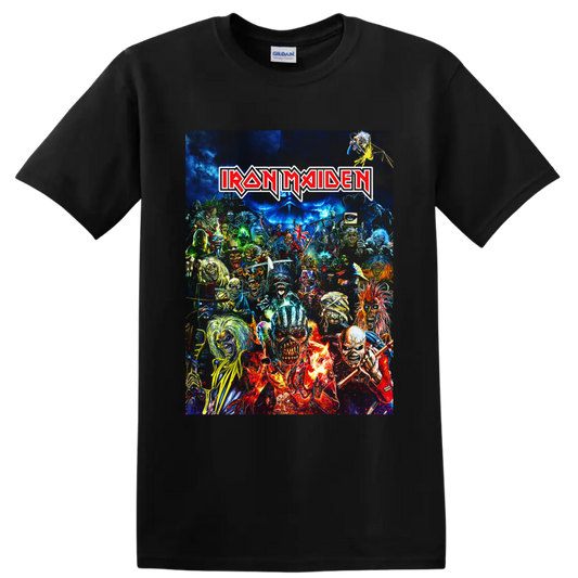 Iron Maiden Eddie the Head heavy metal collage with band logo and vivid horror artwork on a Black T Shirt