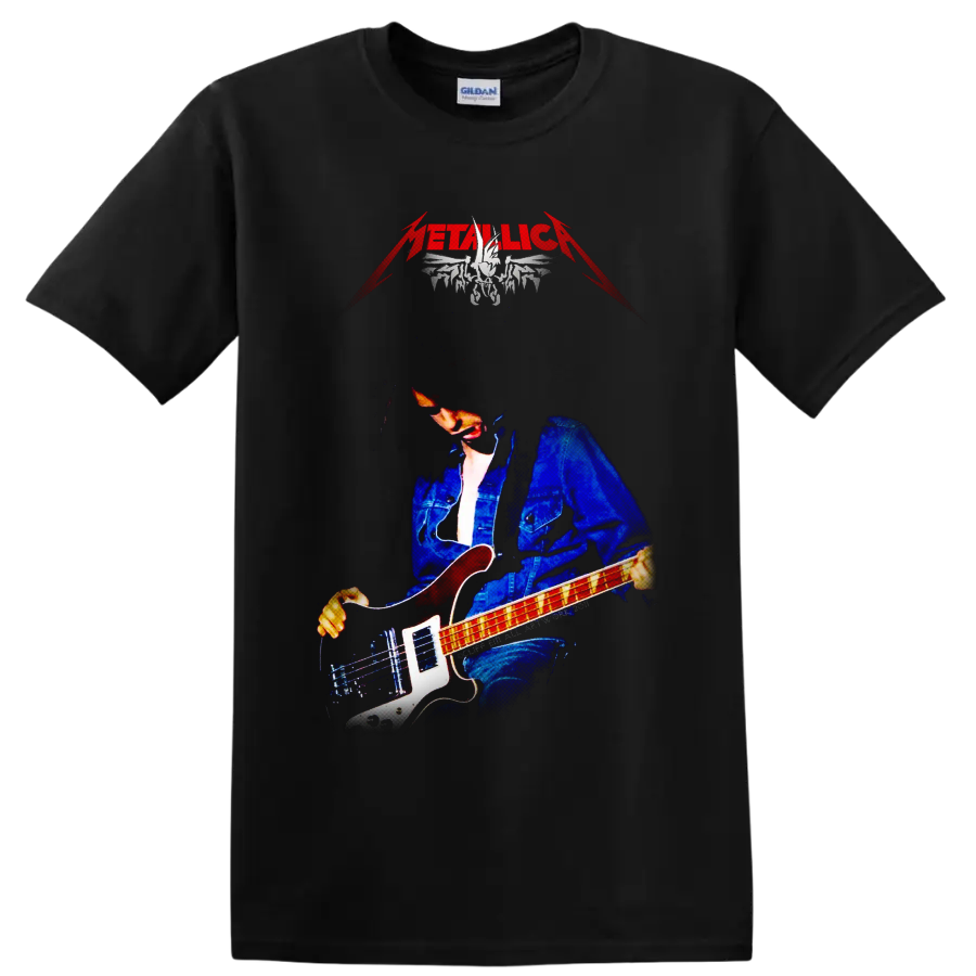 Cliff Burton playing bass in a dramatic Metallica tribute graphic on a Black T Shirt