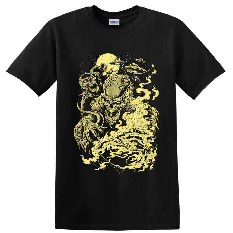 Pale-yellow alien zombie horror illustration with skull-like creatures and a flying saucer on a Black T Shirt