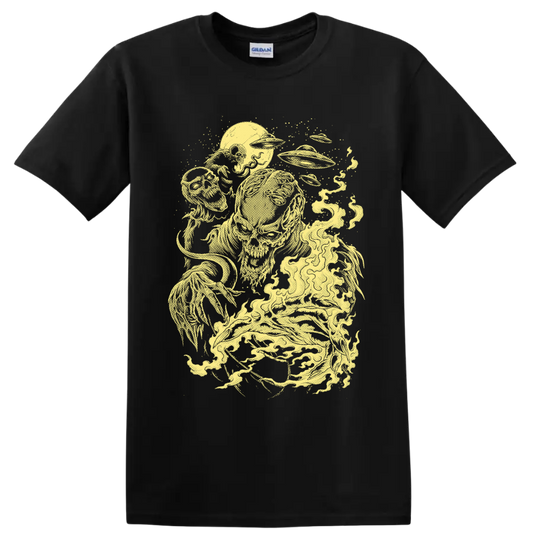 Pale-yellow alien zombie horror illustration with skull-like creatures and a flying saucer on a Black T Shirt
