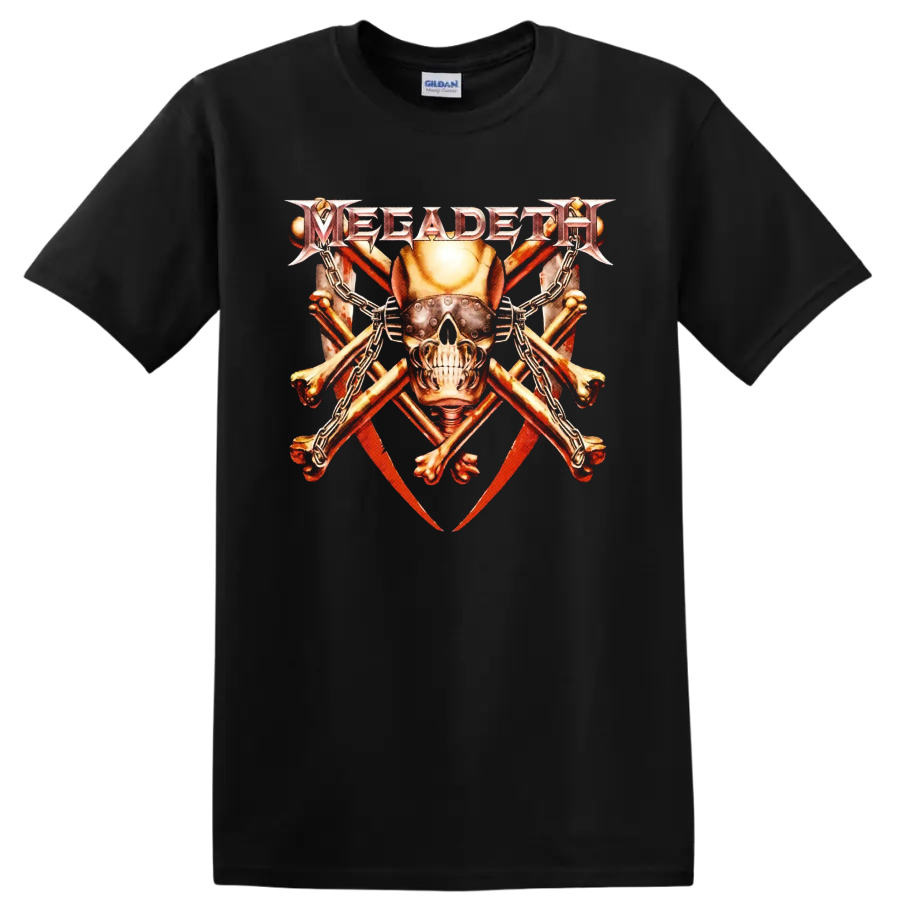 Megadeth Vic Rattlehead armored skull with chains, crossed bones, and red blades on a Black T Shirt