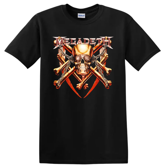 Megadeth Vic Rattlehead armored skull with chains, crossed bones, and red blades on a Black T Shirt