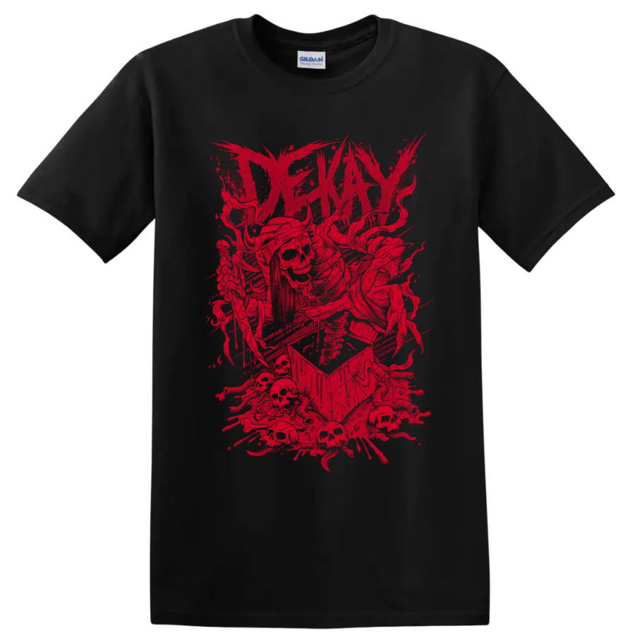 Distressed red Dekay skeleton graphic with splatter and angular rock-metal artwork on a Black T Shirt