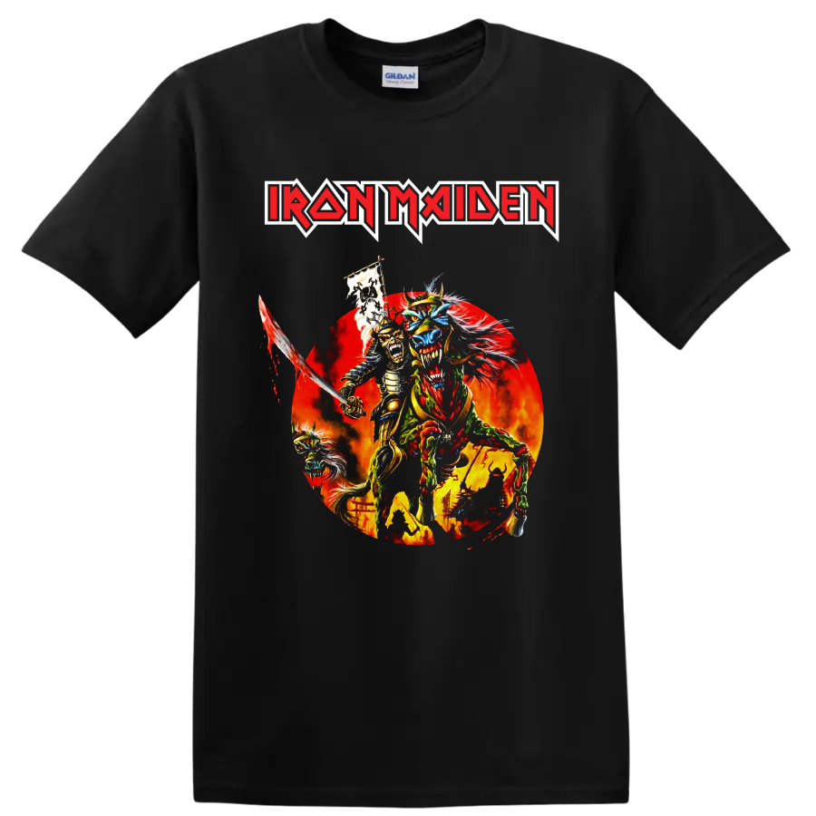 Iron Maiden Eddie the Head samurai warrior graphic with sword and fiery backdrop on a Black T Shirt