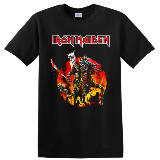 Iron Maiden Eddie the Head samurai warrior graphic with sword and fiery backdrop on a Black T Shirt