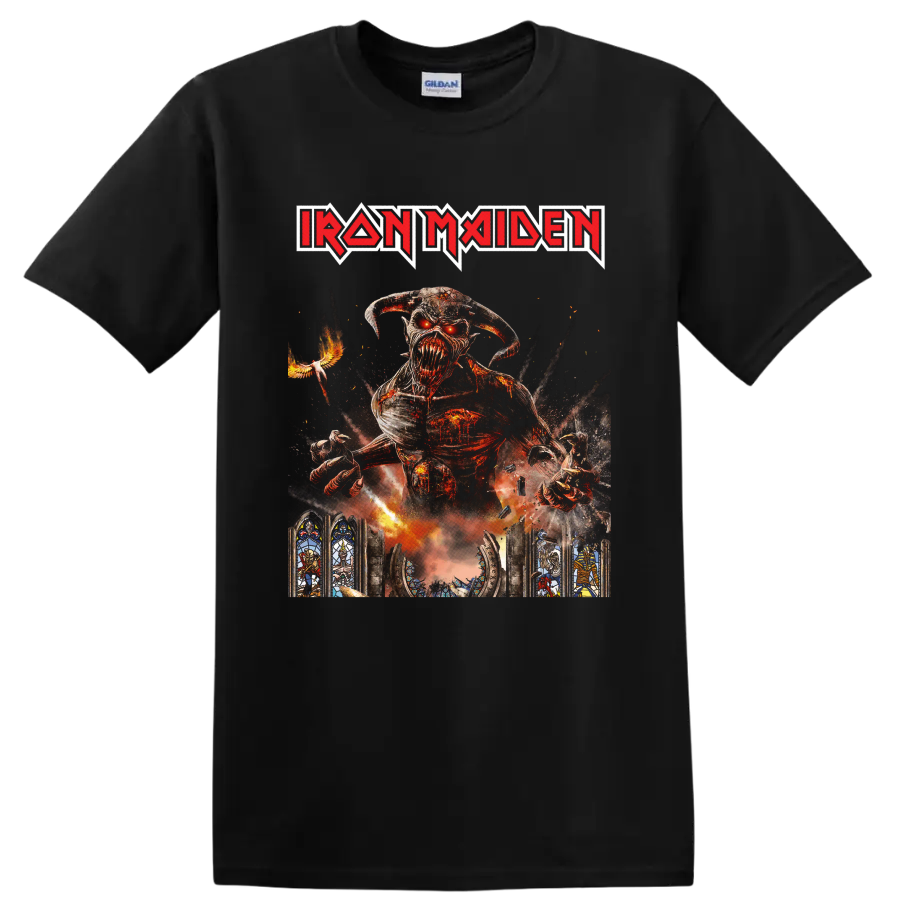 Iron Maiden Eddie the Head in fiery gothic Legacy of the Beast-inspired artwork on a Black T Shirt