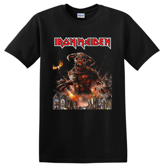 Iron Maiden Eddie the Head in fiery gothic Legacy of the Beast-inspired artwork on a Black T Shirt