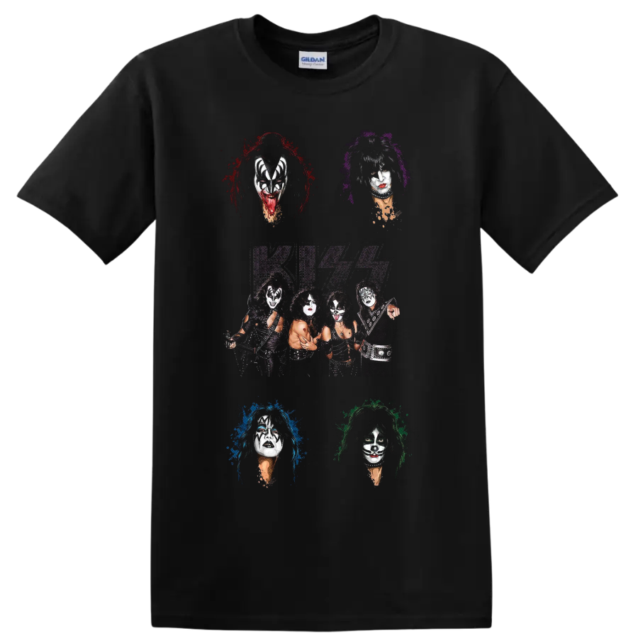 KISS original lineup portrait collage with logo and colorful paint-splatter halos on a Black T Shirt