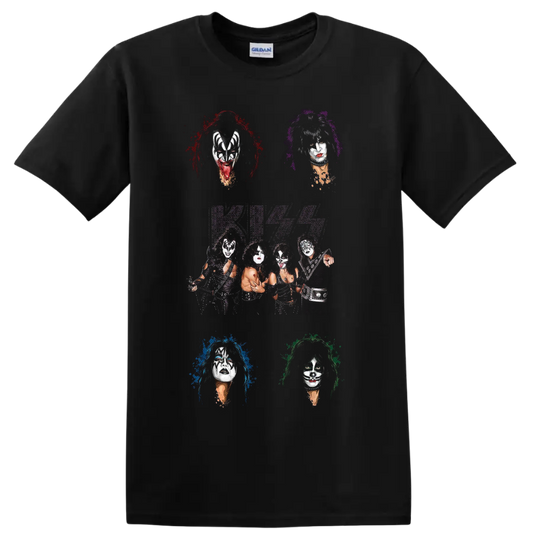 KISS original lineup portrait collage with logo and colorful paint-splatter halos on a Black T Shirt