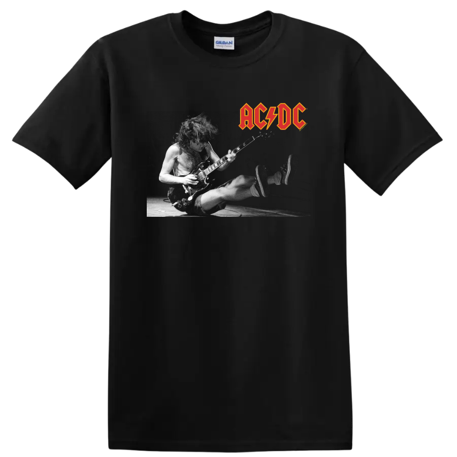 Angus Young playing guitar in a black-and-white live AC/DC concert design with band logo on a Black T Shirt