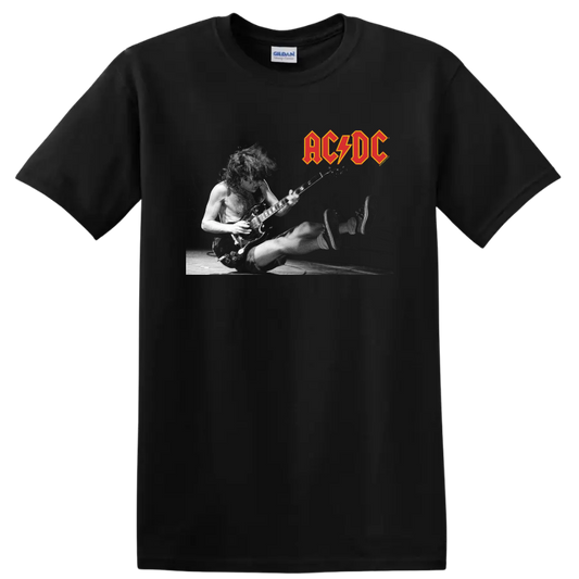 Angus Young playing guitar in a black-and-white live AC/DC concert design with band logo on a Black T Shirt