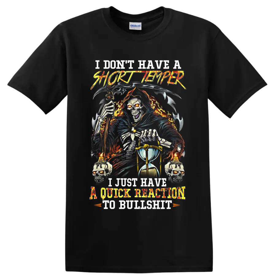 Grim Reaper with scythe, hourglass, skulls, and sarcastic gothic quote on a Black T Shirt