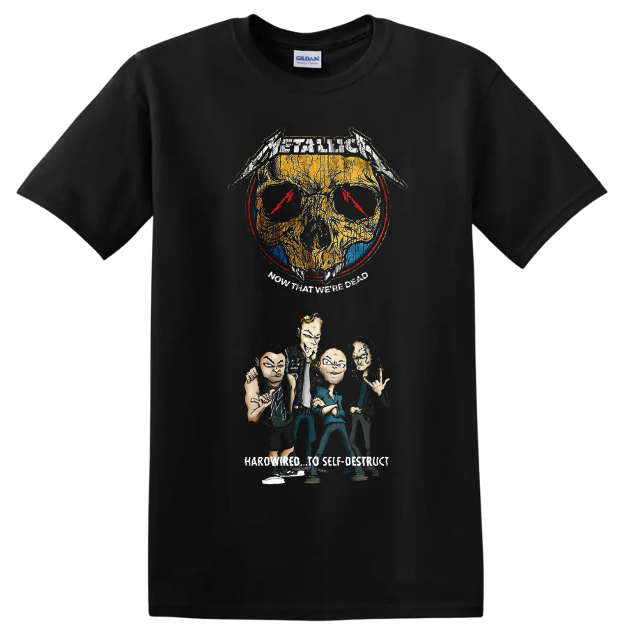 Metallica Now That We're Dead distressed skull and illustrated band graphic on a Black T Shirt