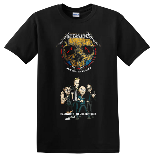 Metallica Now That We're Dead distressed skull and illustrated band graphic on a Black T Shirt