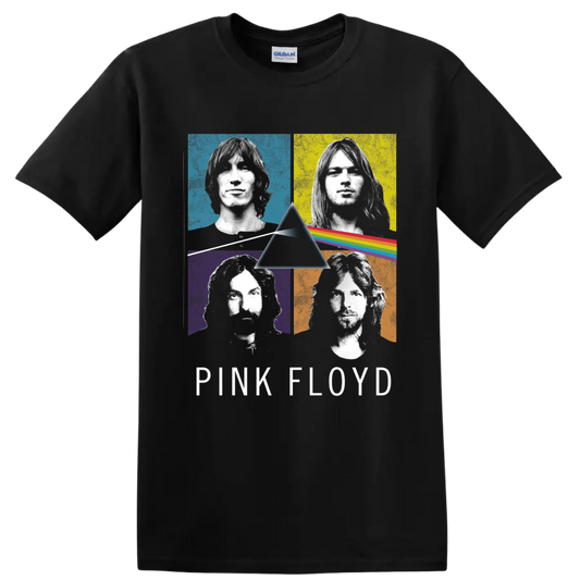 Pink Floyd member portraits with Dark Side of the Moon prism and rainbow graphic on a Black T Shirt