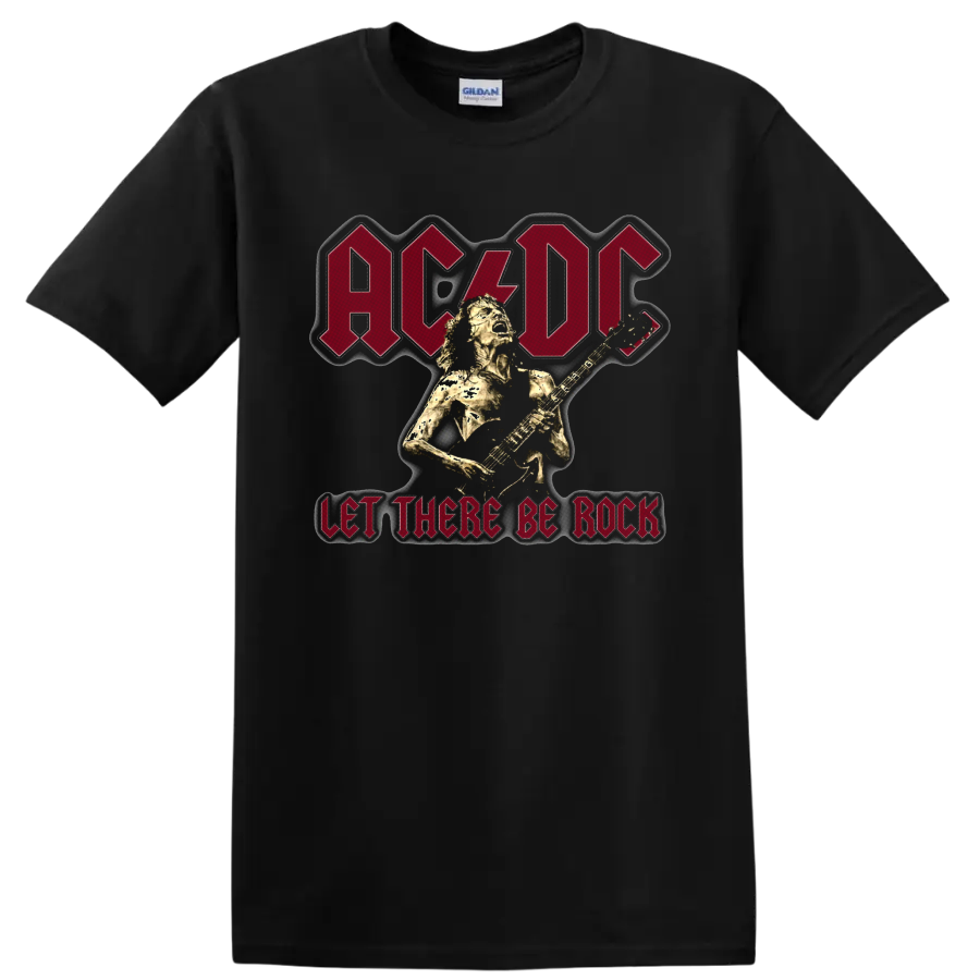 AC/DC Let There Be Rock graphic with Angus Young playing electric guitar on a Black T Shirt