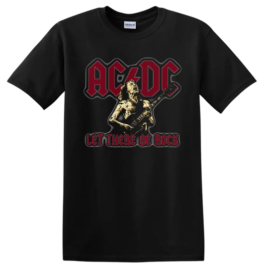 AC/DC Let There Be Rock graphic with Angus Young playing electric guitar on a Black T Shirt