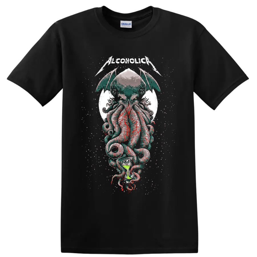 Alcoholica Cthulhu horror metal graphic with winged tentacles and hourglass on a Black T Shirt