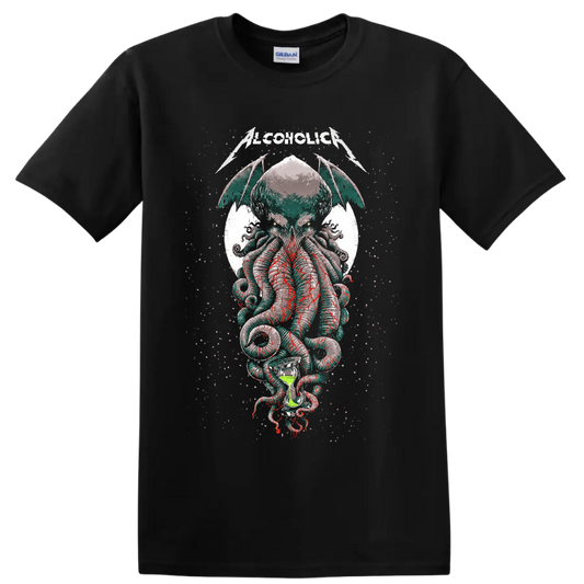 Alcoholica Cthulhu horror metal graphic with winged tentacles and hourglass on a Black T Shirt