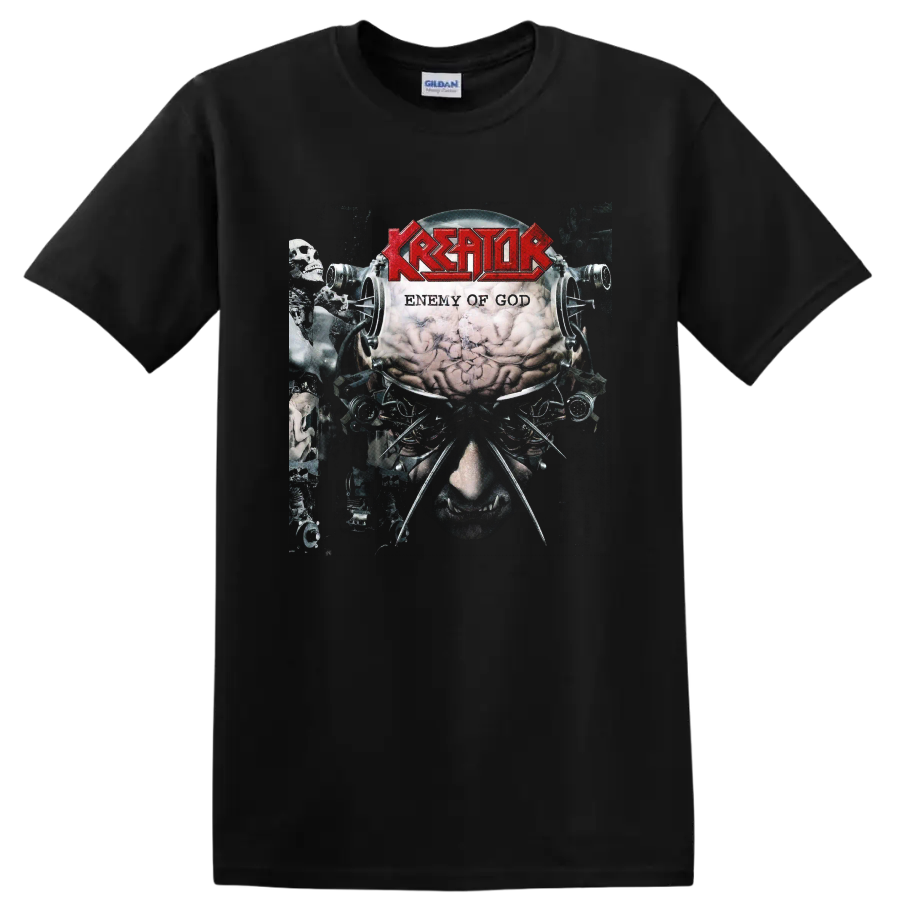 Kreator Enemy of God album art with red logo, brain, skulls, and mechanical horror imagery on a Black T Shirt