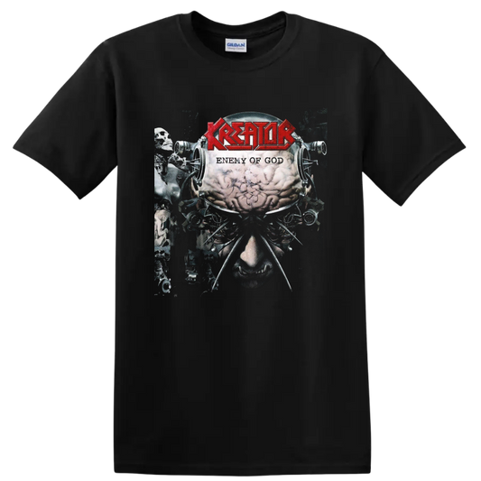 Kreator Enemy of God album art with red logo, brain, skulls, and mechanical horror imagery on a Black T Shirt