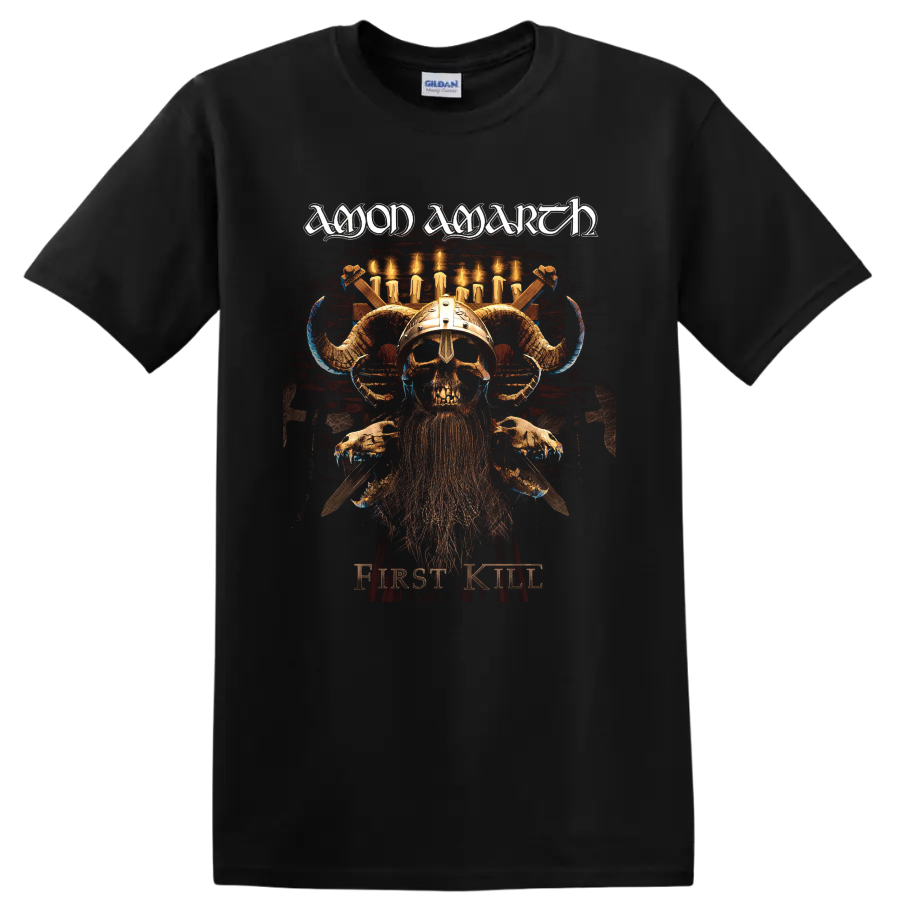 Amon Amarth First Kill Viking skull warrior graphic with horned helmet and candles on a Black T Shirt