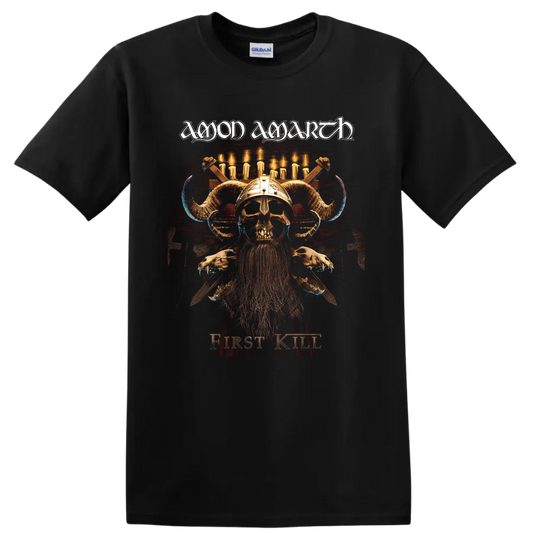 Amon Amarth First Kill Viking skull warrior graphic with horned helmet and candles on a Black T Shirt