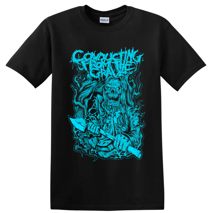 Conducting From the Grave distressed cyan metal band logo graphic on a Black T Shirt
