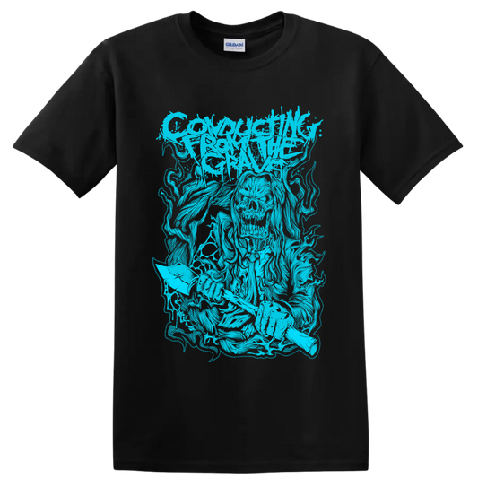 Conducting From the Grave distressed cyan metal band logo graphic on a Black T Shirt