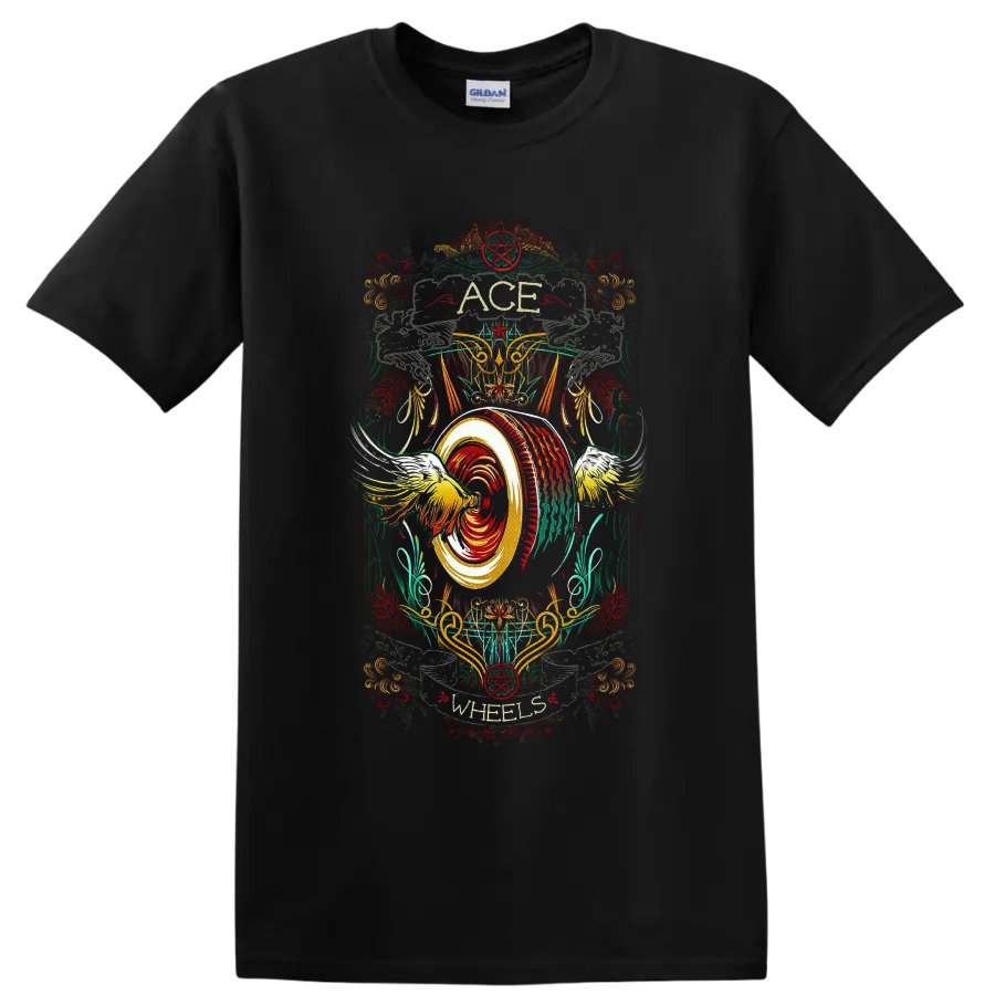 Ace Wheels distressed rockabilly winged wheel and pentagram custom-culture graphic on a Black T Shirt