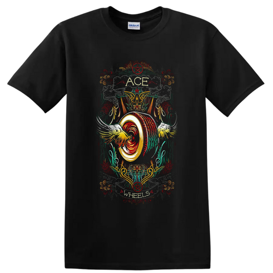 Ace Wheels distressed rockabilly winged wheel and pentagram custom-culture graphic on a Black T Shirt
