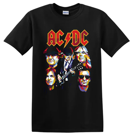 AC/DC pop-art band portraits with Angus Young playing guitar beneath lightning-bolt logo on a Black T Shirt