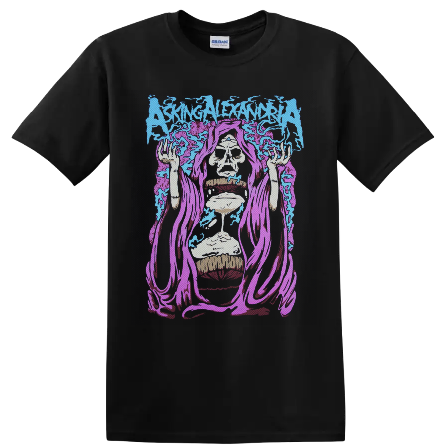 Asking Alexandria logo above purple-robed skull reaper with dripping hourglass on a Black T Shirt