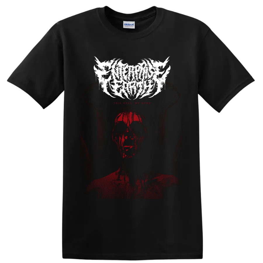Enterprise Earth logo above a distressed red skull-like figure and This Hell My Home text on a Black T Shirt