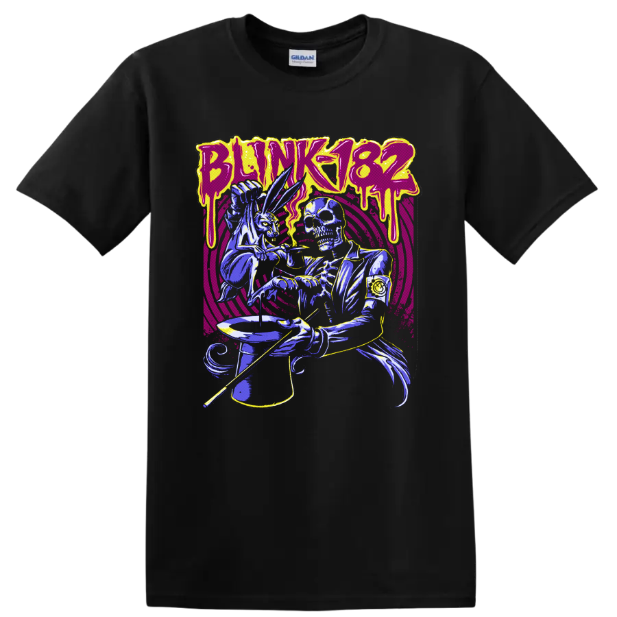Blink-182 skeleton magician and rabbit with top hat in neon punk-horror art on a Black T Shirt