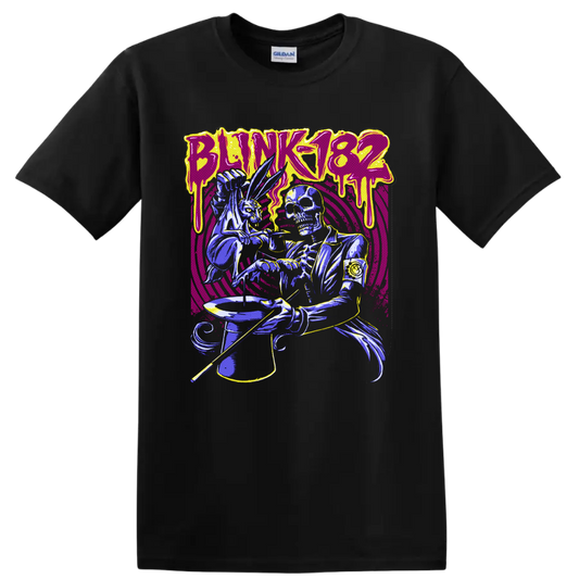 Blink-182 skeleton magician and rabbit with top hat in neon punk-horror art on a Black T Shirt