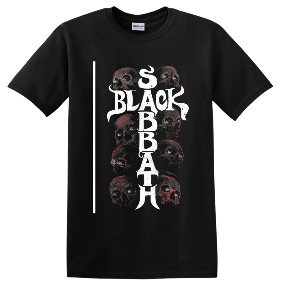 Black Sabbath distressed vertical lettering with layered skull artwork on a Black T Shirt