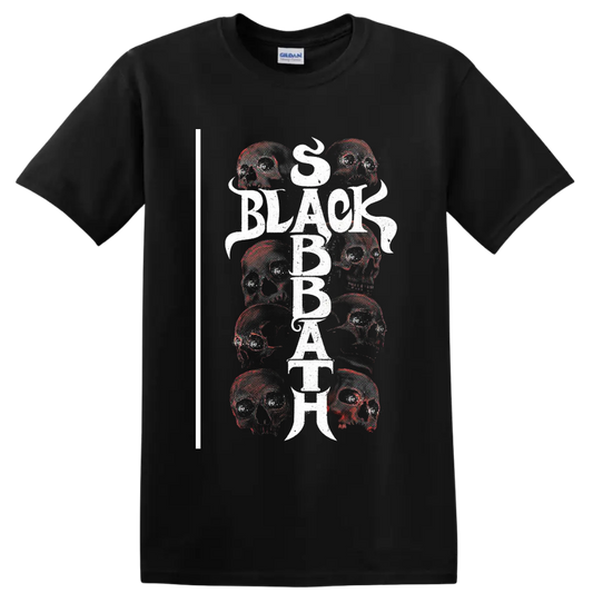Black Sabbath distressed vertical lettering with layered skull artwork on a Black T Shirt