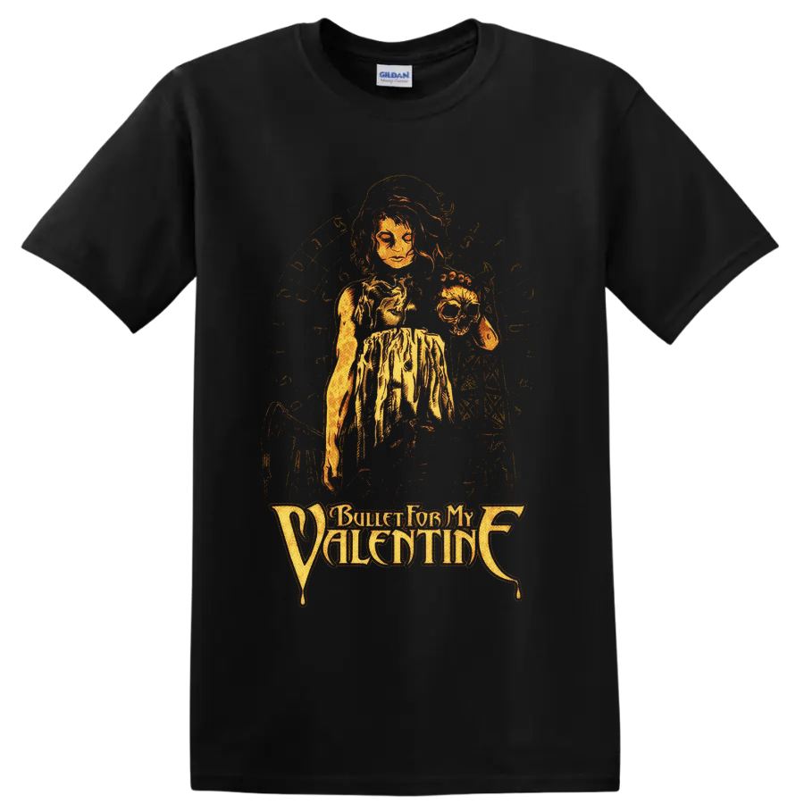 Bullet for My Valentine gothic woman and skull graphic with distressed logo lettering on a Black T Shirt